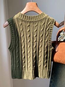 Comfortcana Women's Equestrian Pattern Knit Vest,Olive Green,Autumn,70s,School,Back-To-School Casual Minimalist Military Green Crop Top Y2k Sweater Vest Knit Tops - Army Green - View 2