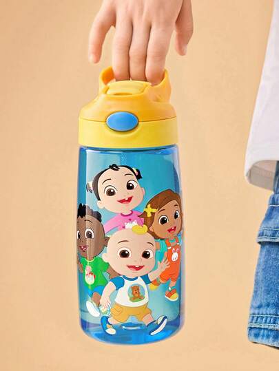 CoComelon X SHEIN 16 Oz / 500 Ml Water Bottle With Silicone Straw And Spill-Proof Lid,Suitable For Travel, Tourism, And School ,Contains 25pcs Stickers, DIY Waterproof Decoration StickersTritan