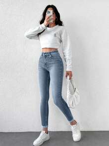 SHEIN Tall Quần denim ống rộng 100% cotton cao cấp dành cho nữ - Rửa trung bình - Xem 5