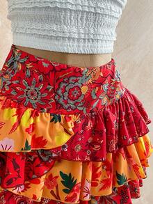 Soleia Falda plisada con estampado retro de flores de anacardo y flores, adecuada para vacaciones, falda burdeos elegante, estampado bohemio tropical brasileño, ropa de mujer estilo boho, atuendo occidental de concierto para mujer