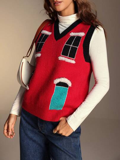 Chiquease 女式复古撞色家居提花针织背心