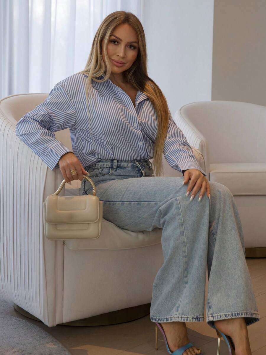 Cioccolato 女式落肩长袖条纹衬衫、长袖上衣 - 藍色 - 查看 1