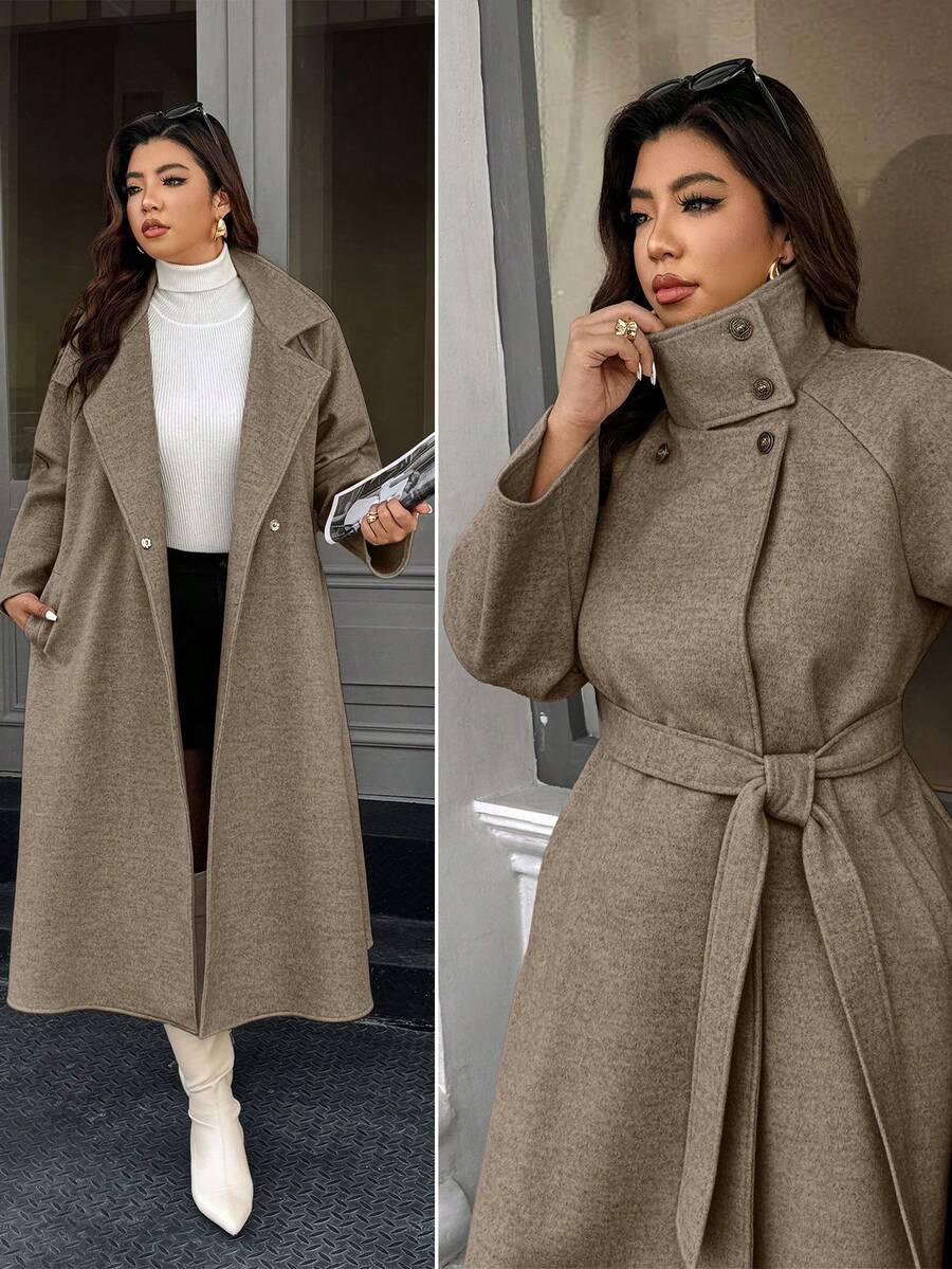 Calvaya 加大码纯色大衣，秋冬季 - 摩卡棕 - 查看 1