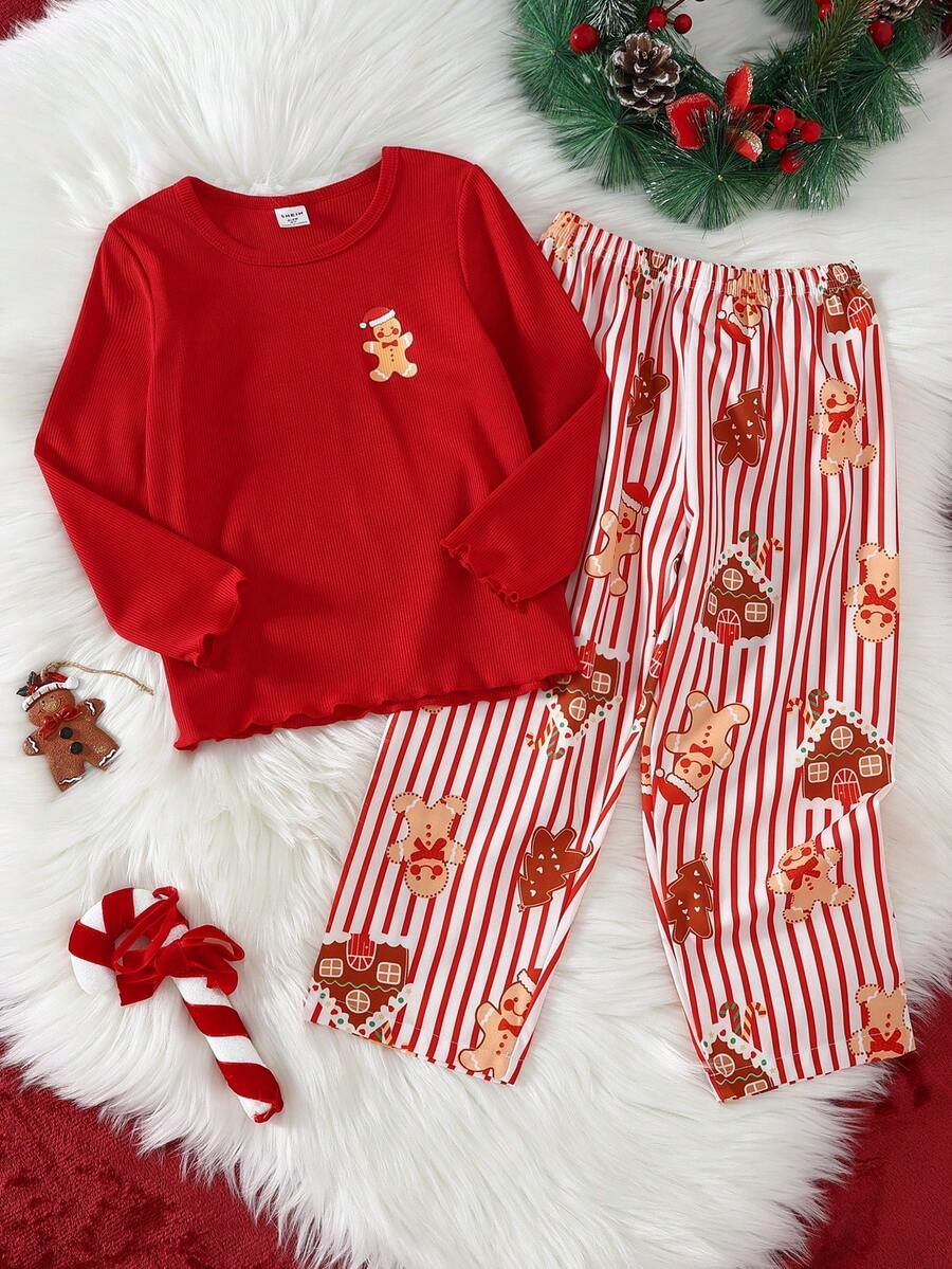 Girls' Red Ribbed Gingerbread Print Long Sleeve Top & Ribbed Pants Christmas Outfit, Pajamas Set - Multicolor - View 1