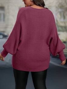 Auvina Áo len tay cánh dơi cổ chữ V màu trơn cỡ lớn, mặc thường ngày, thu/đông - Gỗ đỏ - Xem 2