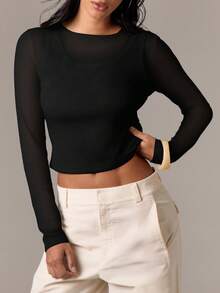 AiiRZ Long Sleeve Layered Crop Top With Round Neckline Fitted Silhouette Basic Essential - Black - View 5