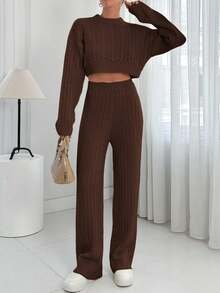 EURMUSE 2pcs Women Solid Color Stand Collar Long Sleeve Sweater Top And Long Pants Casual Knitwear Set - Brown - View 4