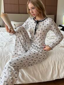 女士蝴蝶结缝线休闲长袖上衣和裤子睡衣套装 秋冬服装 - 白色 - 查看 1