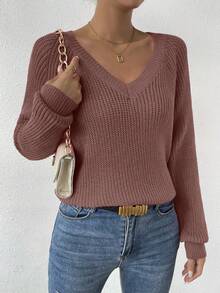 SHEIN LUNE Áo len chui đầu dáng rộng cổ chữ V tay raglan đơn giản, màu trơn, dễ mặc hàng ngày dành cho nữ, mùa thu/đông - Màu hồng gỉ - Xem 7