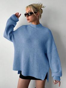 EURMUSE Women's Turtleneck Drop Shoulder High low Hem Sweater - Baby Blue - View 3
