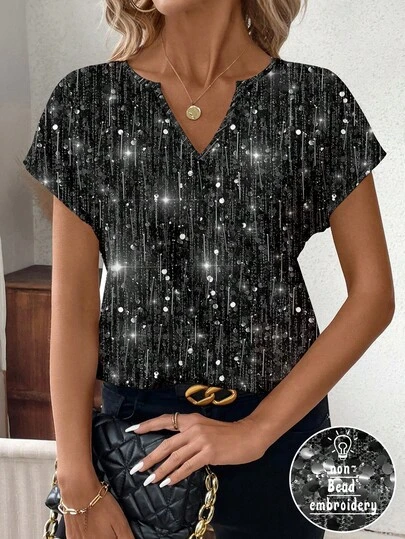 Glamance ORANGE STUDIO Sequin Print V-Neck Short Sleeve Blouse For Women, Party Wear, Autumn V Neck Blouses For Women V Neck Tops Casual Tops Women Summer Glitter Top Women Chic Stylish Clothing Collection New Year