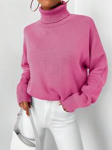 EURMUSE Women's Solid Color Simple High-neck Sweater - Baby Pink - View 4
