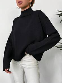 EURMUSE Women's Solid Color Minimalist Turtleneck Long Sleeve Sweater - Hitam - View 3