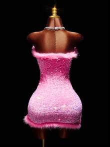 Amplova 女式串珠刺绣迷你吊带连衣裙，粉色，适合派对，超高开衩裙，可爱性感，秋冬保暖 - 彩色 - 查看 2