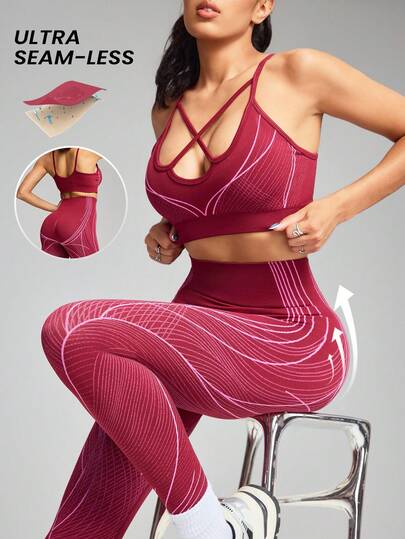 Innovista Women's Criss-Cross Design Cropped Tank Top And Leggings Sports Set Women's Striped Camisole & Leggings Sports Set – Seamless Two-Piece Activewear With Criss-Cross Cropped Tank Top & High-Waist Leggings High Support, Quick-Dry, Breathable Yoga & Fitness Outfit For Daily Athleisure, Pilates, HIIT, Running & Gym Sculpting Compression Fabric With Tummy Control & UV Protection Utilitarian Chic , Striped Design ,Valentines,Valentine Day