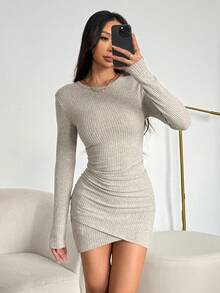 SHEIN PETITE 黑色抓皺腰高領修身短洋裝，適合女性，秋季外出上衣，優雅洋裝，新年洋裝，優雅派對洋裝，小碼 - 米色 - 查看 3