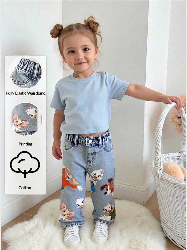 SHEIN Playful Pals بنطلون جينز أطفال بناتي كاجوال صيفي جديد وصول، لون أزرق فاتح، طباعة حيوانات جميلة، قصة فضفاضة وساق مستقيمة، متعدد الاستخدامات للارتداء اليومي والعودة للمدرسة - أزرق فاتح - مشاهدة 4