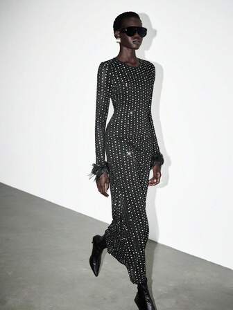 Lumivelle Elegant damklänning med strassutsmyckning och sjöjungfrukant, långärmad festklänning, lämplig för högtid, fest, bankett, dejt