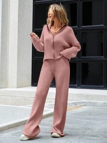 EURMUSE Women's Zipper Front Drop Shoulder Cardigan And Sweater Pants Set - Pink - View 3