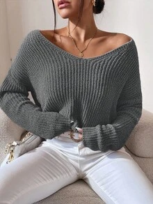 SHEIN Cottnline 女士v領下垂肩長袖套頭毛衣 - 深灰色 - 查看 7