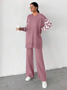 EURMUSE 條紋拼色毛衣褲兩件套 - 粉色 - 查看 5