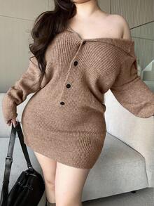 Flirla 加大码女式海军蓝领纽扣前针织保暖毛衣裙，适合秋冬季，返校/通勤装 - 駝色 - 查看 6