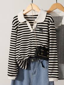 SHEIN 女童黑白条纹小马印花 Polo 衫，春秋季 - 彩色 - 查看 9