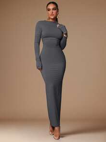 Silquee 女式基本款汗衫连衣裙，性感深背，腰部褶皱，亲肤，长袖，及地长，炭灰色 - 深灰色 - 查看 2