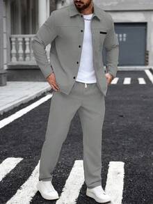 Manfinity Homme Men's Pocket Shirts & Elasticated Waistband Pants 2 Pieces Men Outfit Men Suit Set Grey, For Winter - Grey - View 5