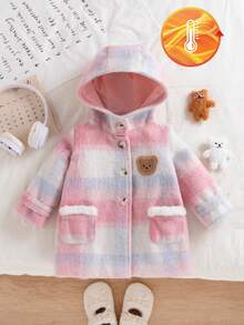 SHEIN 1件女婴可爱甜美时尚粉蓝格子图案小熊贴布装饰长袖连帽纽扣加厚柔软外套冬季大衣外套上衣带毛绒口袋，适合学校派对生日礼物圣诞节假期新年秋季冬季穿着 - 粉色 - 查看 11