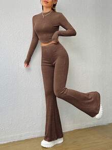 SHEIN EZwear Trang phục mùa hè Áo crop top dệt kim gân và quần ống loe - Cà phê nâu - Xem 3