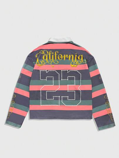 Camiseta de manga larga con rayas de contraste y estampado de letras para hombre