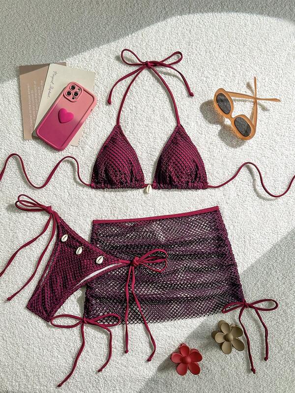 Swim Mod Traje de baño para mujer con decoración de conchas, conjunto de bikini con sujetador halter, Bottom y falda pareo, traje de baño de playa de verano