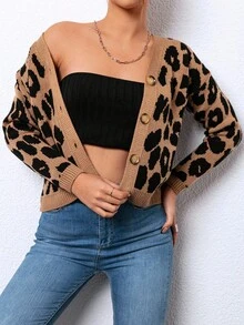 RueChic Leopard Pattern Button Front Cardigan - Brown - View 5