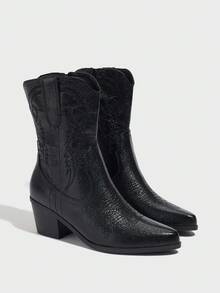 Women's Pointed Toe Fashion High Heel Western Style Ankle Boots For Christmas - Black - View 3