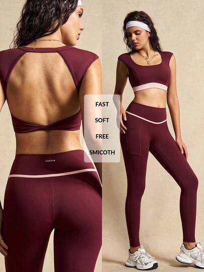 VARSITIE Workout Women Sets Women's Contrast Color Square Neck Backless Cropped Top And High Waist Leggings Sports Suit