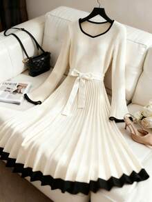 GlowEve 女士针织拼布腰A字优雅日常通勤时尚法式街头复古百搭圣诞派对新年假期商务米色长袖连衣裙，秋冬 - 彩色 - 查看 6