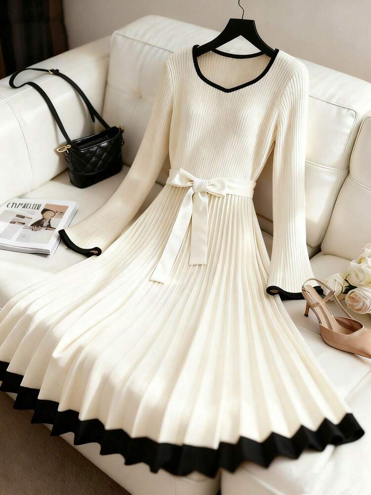 Elegantes, tailliertes A-Linien-Kleid im Strick-Patchwork-Stil für Damen – perfekt für Alltag, Freizeit und Freizeit. Auch als vielseitiges Kleid im französischen Street-Style-Retro-Look geeignet. Ideal für Weihnachten, Silvester, Urlaub und Business. Beige, Langarm, Herbst/Winter. - Verschiedenfarbig - Übersicht 6