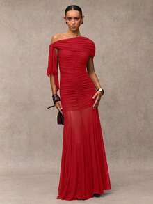 SHEIN BAE 女式纯色褶饰不对称优雅连衣裙 - 紅色 - 查看 4