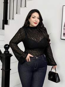 Modelyn Camiseta de moda sexy con mangas acampanadas y volantes, ajustada y transparente, talla grande para mujer - Azul - Ver 5