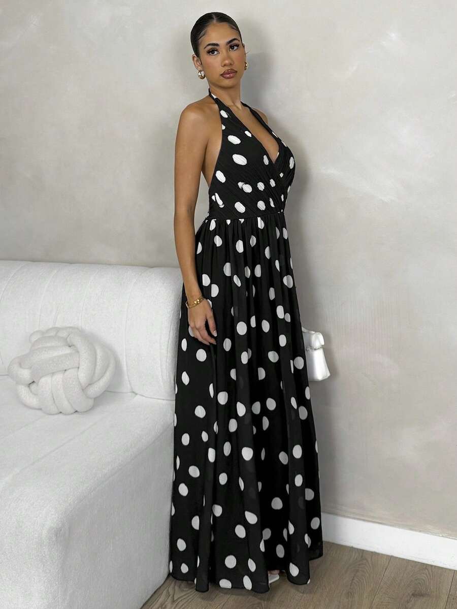 Glamine 女士波尔卡圆点露背吊带连衣裙，复古派对礼服 - 黑與白 - 查看 1