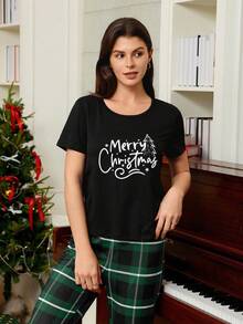 CoupledUp Doze Lane Christmas Letter Print Short Sleeve Top And Plaid Pants Women Casual Pajama Set - Green - View 4