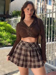 Nezia Cruz Plus Size Brown Checkered Apocalypse Music Festival Mini Skirt Plaid Skirt,Back To School - Brown - View 1