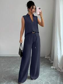 Rafferiza 2 pezzi/set Top casual da donna con scollo a V senza maniche e pantaloni a gamba dritta con cintura decorativa ampia, primavera/estate - Blu Navy - Visualizzare 3