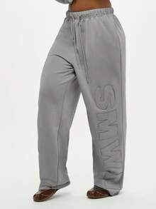 SUMWON WOMEN 贴花字母徽标运动裤抽绳腰部宽松休闲裤休闲街头慢跑裤 - 深灰色 - 查看 6