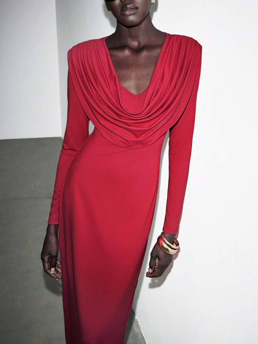 Lumivelle Women's Elegant Plunging Neck Long Sleeve Bodycon Dress, Suitable For Holiday Party, Banquet, Date, Autumn/Winter Cowl Neck Dress Dress Red Draped Dress Drape Dress - Red - View 1