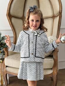 PrepCrw 1 件年轻女孩优雅校园风格休闲都市百搭黑白褶皱迷你裙，适合外出、聚会、返校、秋冬 - 黑與白 - 查看 5