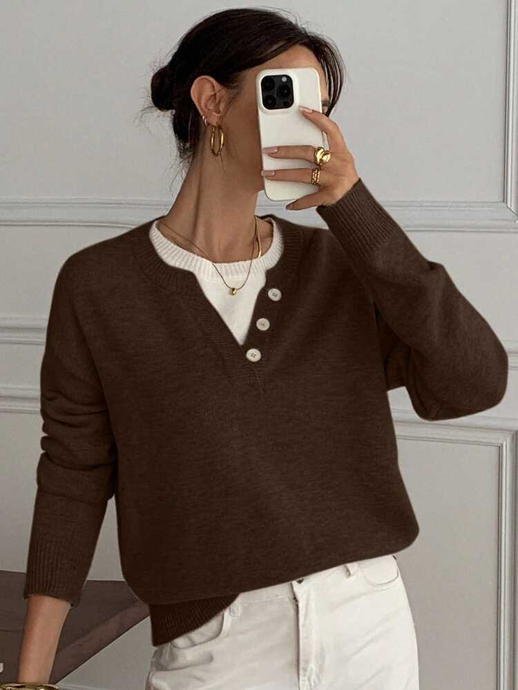 Casual Color Block Henley Neck Pullover, Soft Knit 2 In 1 Sweater For Women