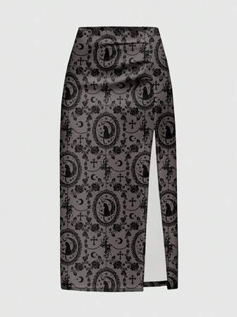 Goth Gonna gotica, elegante e misteriosa, con motivo di rose nere e croci, adatta a uno stile dark e da palazzo