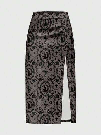 Goth تنورة نسائية ذات طابع قصر غوثي داكن، سحري وأنيق، مزينة برسم قطة سوداء وصليب وورود